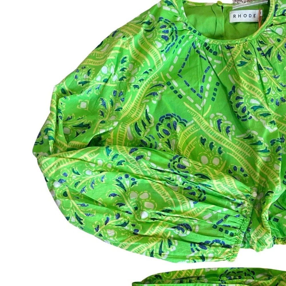 NWT RHODE Azure Top & Willow Skirt in Lime Diamond Stitch Puff Sleeve Paisley - Picture 6 of 15